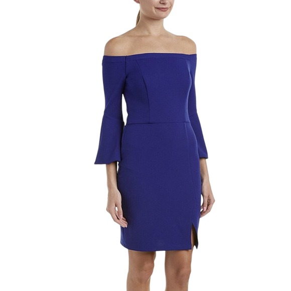 ABS Allen‎ Schwartz Off-Shoulder Capri Blue Cocktail Dress Bell Sleeves 12 - Picture 2 of 16